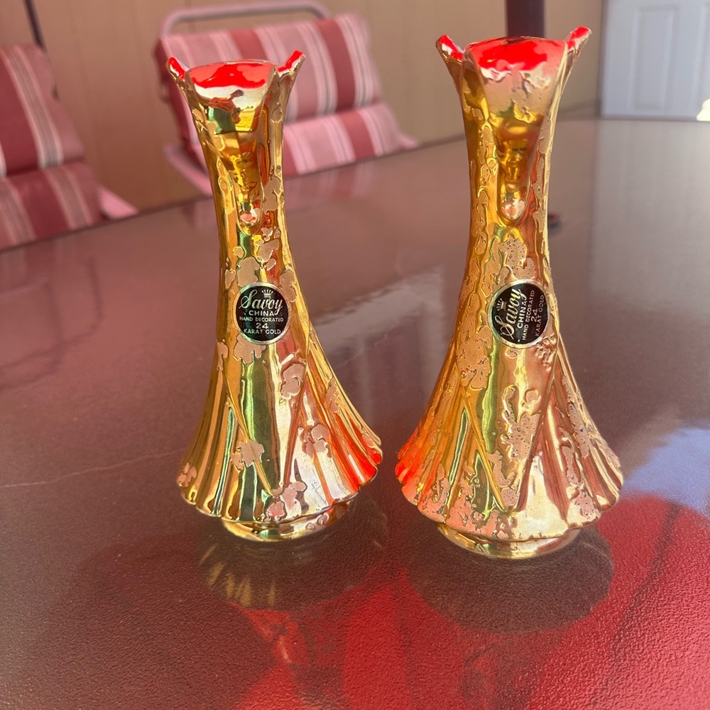 SAVOY vintage 24 karat dripped gold bud vases (2)